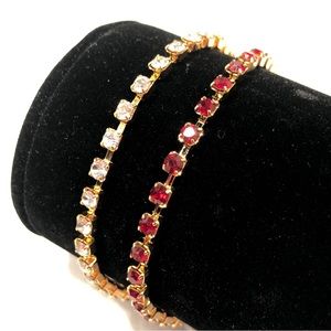 2 BRACELETS - GOLD-TONE with RED STONES & GOLD-TONE with CLEAR/WHITE STONES